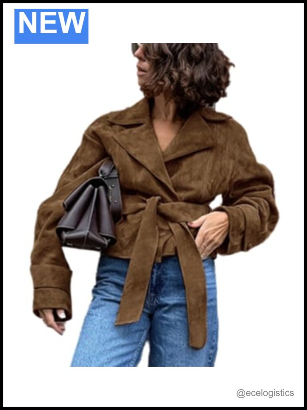 Faux Suede Jacket Women Brown Belted Long Sleeve Lapel Button Down Cropped 2025